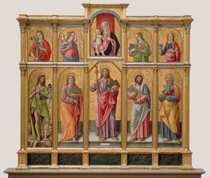 Polyptych med Saint James Major, Madonna og Child, and Saints